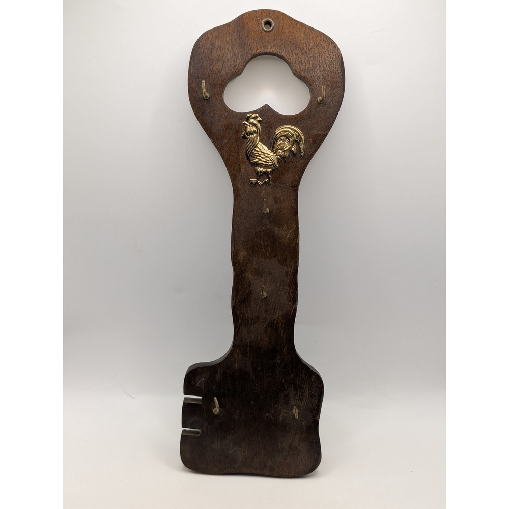 Vintage Wooden Skeleton Key Wall Rack Brass Rooster Farmhouse Decor 12.5 Inch